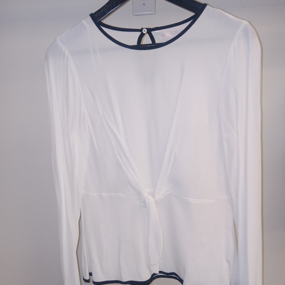 Zara White Long-Sleeve Tie-Front Top with Black Trim